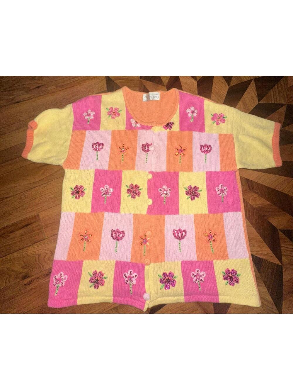 Cardigan Madal Bay Women's Small Pink Orange Floral Short Sleeve Button Teacher